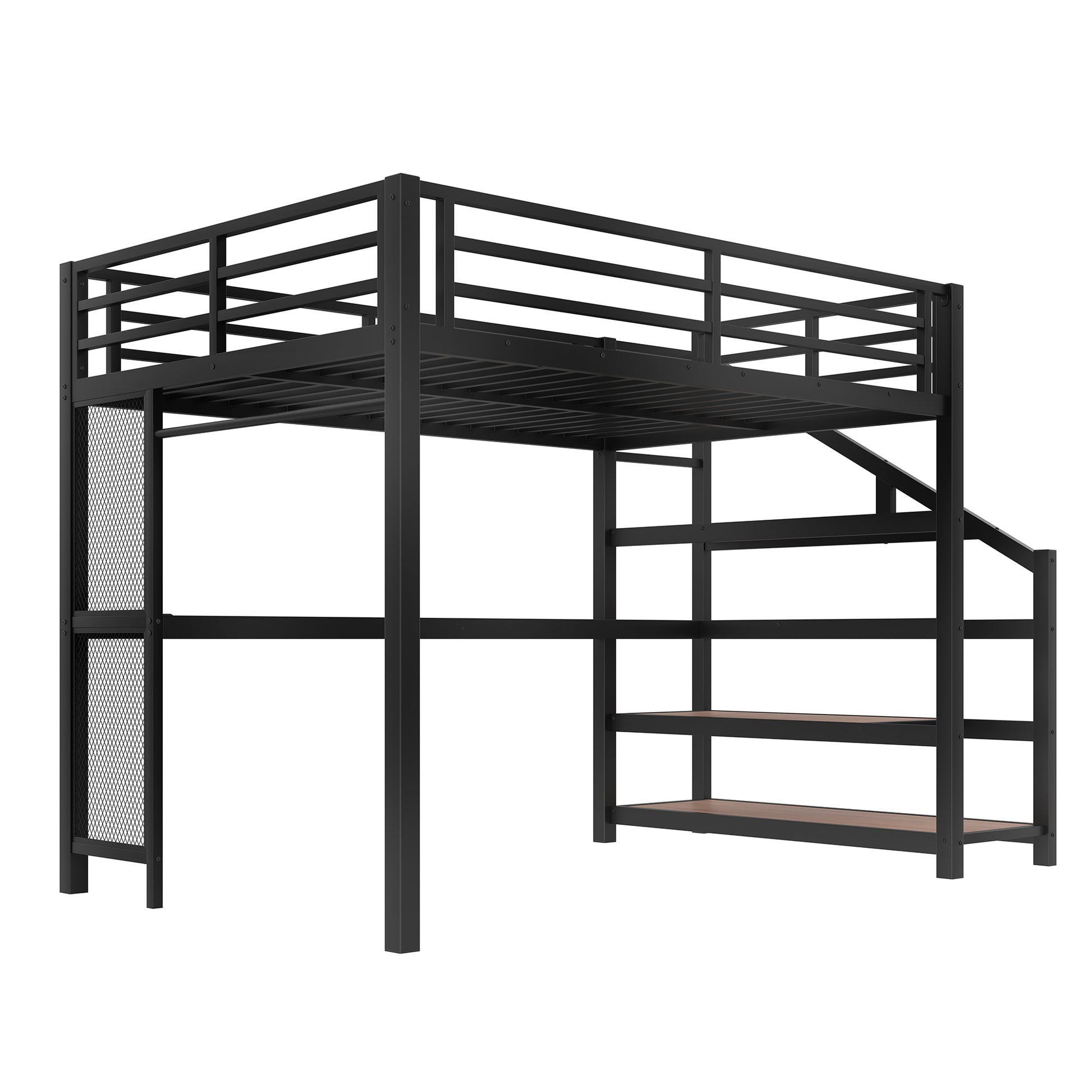 Full Loft Bed with Desk and Storage Stairs, Metal Loft Beds with LED Lights, USB Ports, Multifunctional Iron Nets, No Spring Box Needed and Noise-free, Black image 9