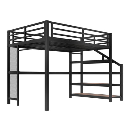 Full Loft Bed with Desk and Storage Stairs, Metal Loft Beds with LED Lights, USB Ports, Multifunctional Iron Nets, No Spring Box Needed and Noise-free, Black image 9
