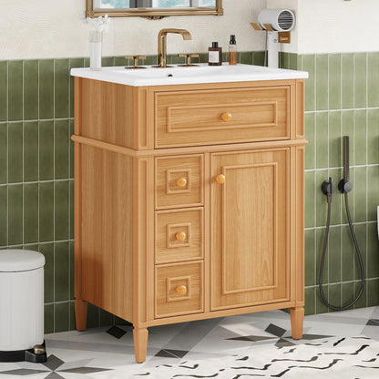 24" Bathroom Vanity with Sink, Wood Vanity Cabinet with Flip-Out Drawer, 2 Soft-Close Drawers, 1 Soft-Close Door, Solid Wood & MDF, Elegant Wood Handles image 1