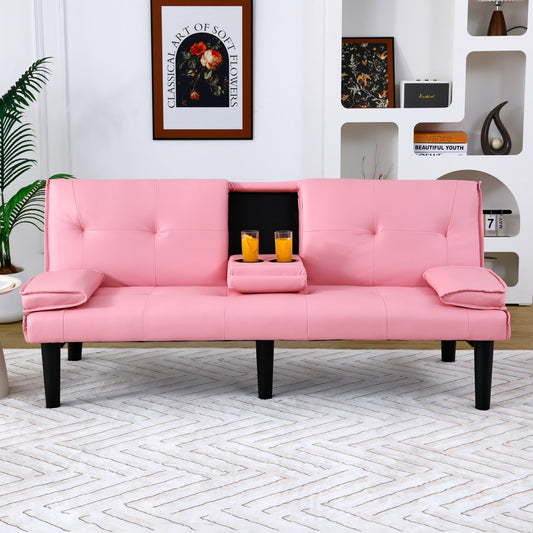 The 67-inch pink PVC multi-functional sofa bed, with a foldable and cup holder design, makes it extremely convenient to turn the living room into a guest room image 1