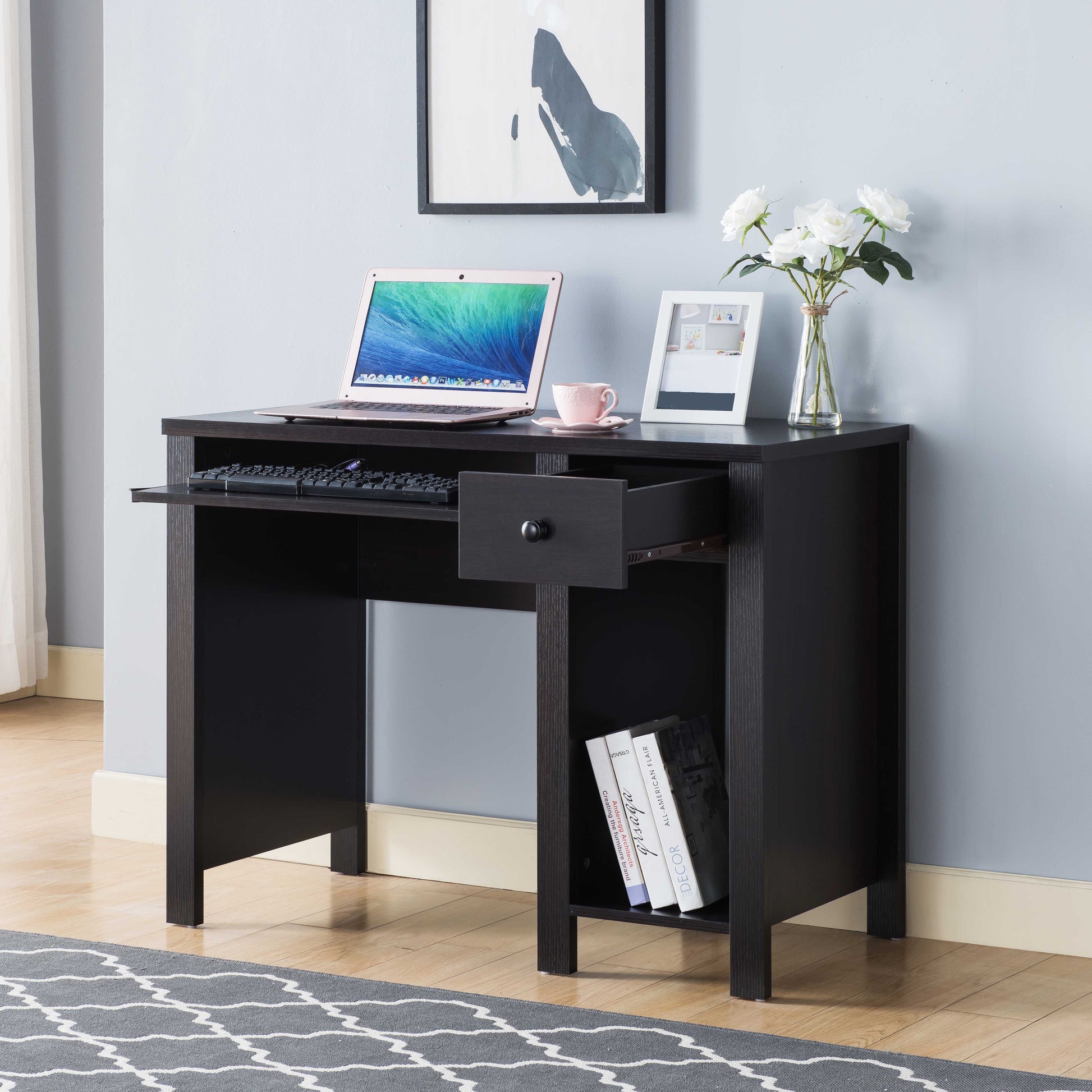 Student desk home office desk 39"W Compact desk Writing Desk Laptop Desk Red Cocoa Espresso One drawer Keyboard Drawer Wooden Knob image 1