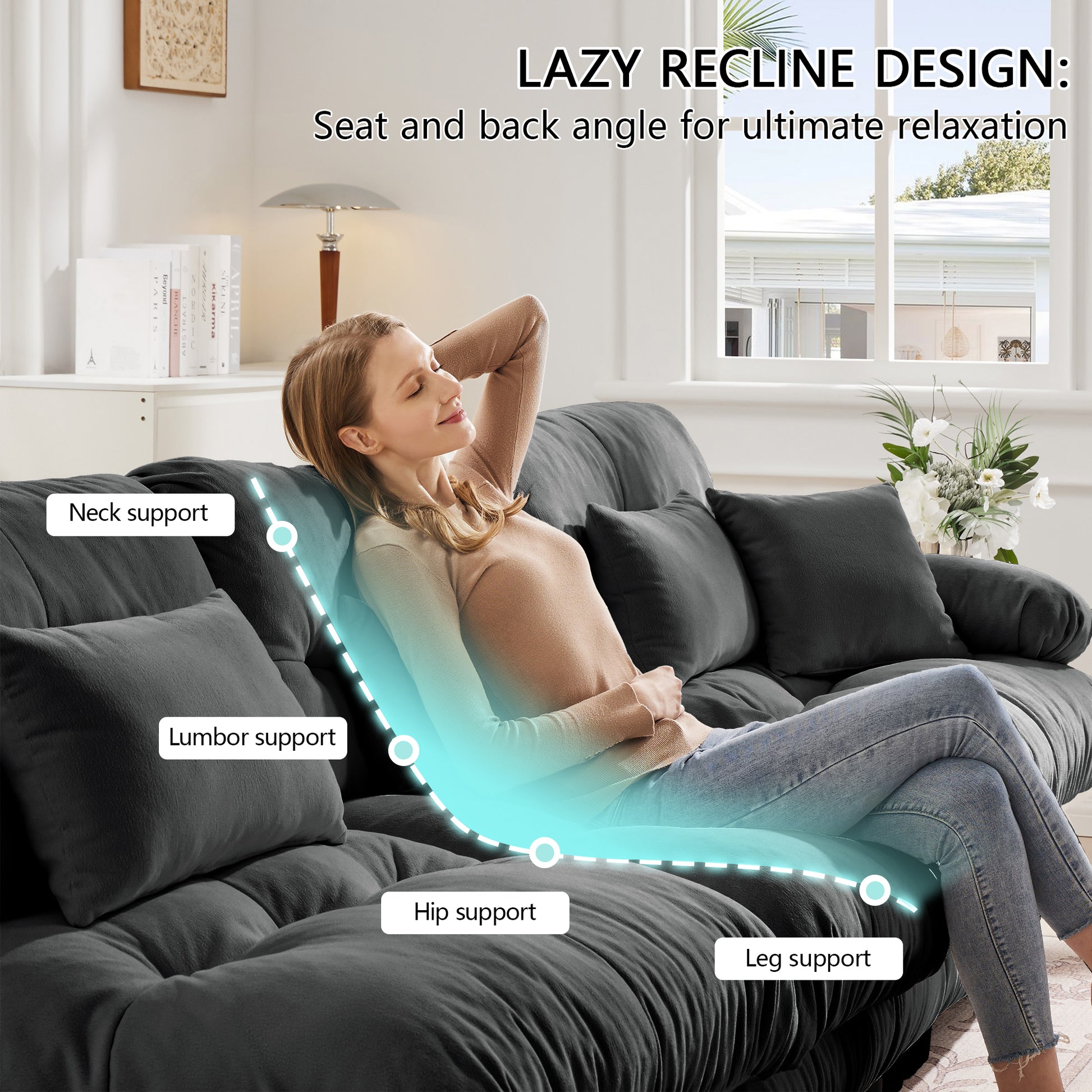 Cloud Couch Sectional Sofa for Living Room, Chenille 2 Seater Sofa with 2 Lumbar pillows and 2 throw pillows, Upholstered Wide Arm Sofa with Convertible Ottoman,Chenille Gray image 8