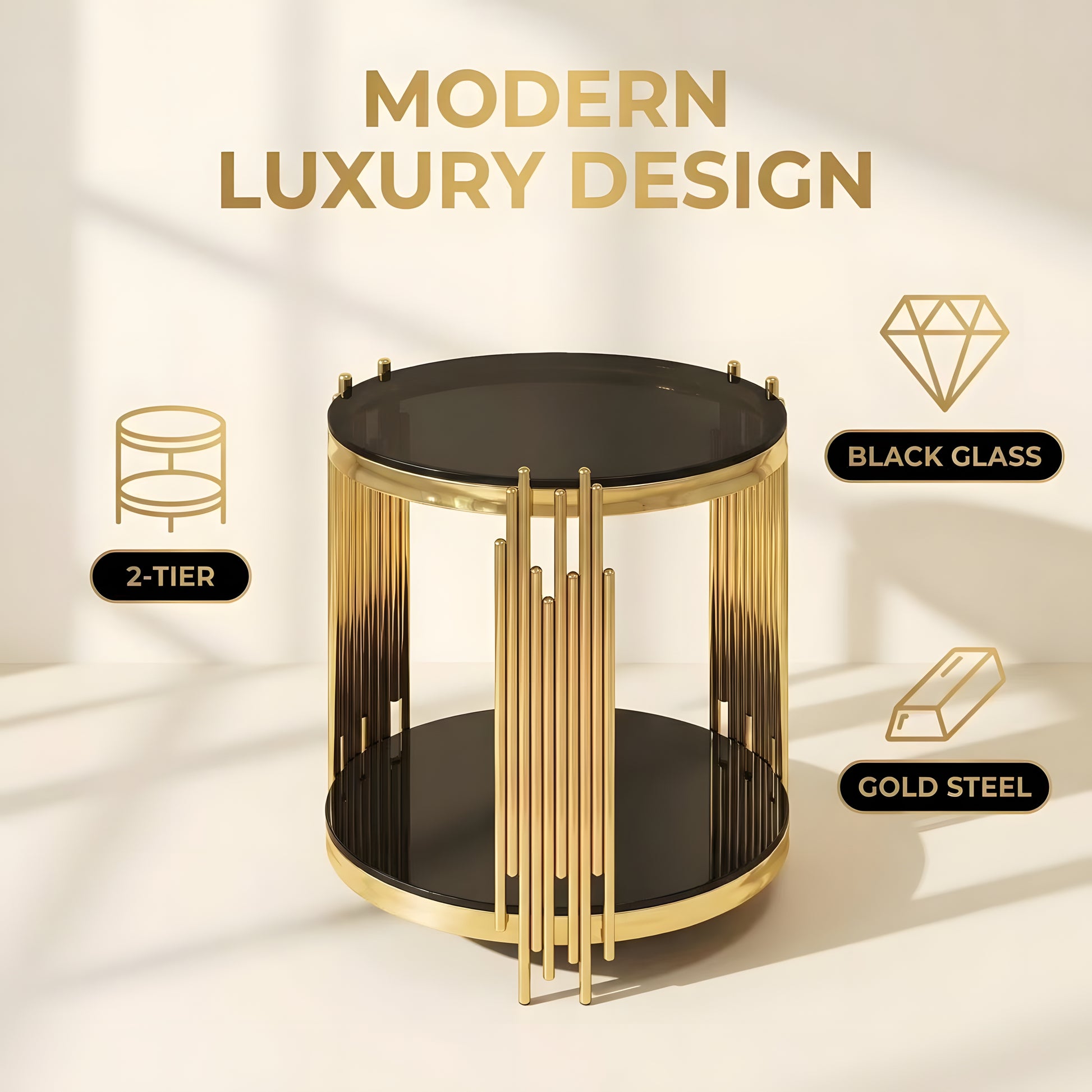 19.7" Round Glass End Table, 2-Tier Gold Side Table with Stainless Steel Legs and Black Tempered Glass, Modern Luxury End Table for Living Room Home Office image 4