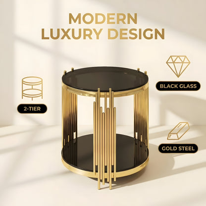 19.7" Round Glass End Table, 2-Tier Gold Side Table with Stainless Steel Legs and Black Tempered Glass, Modern Luxury End Table for Living Room Home Office image 4