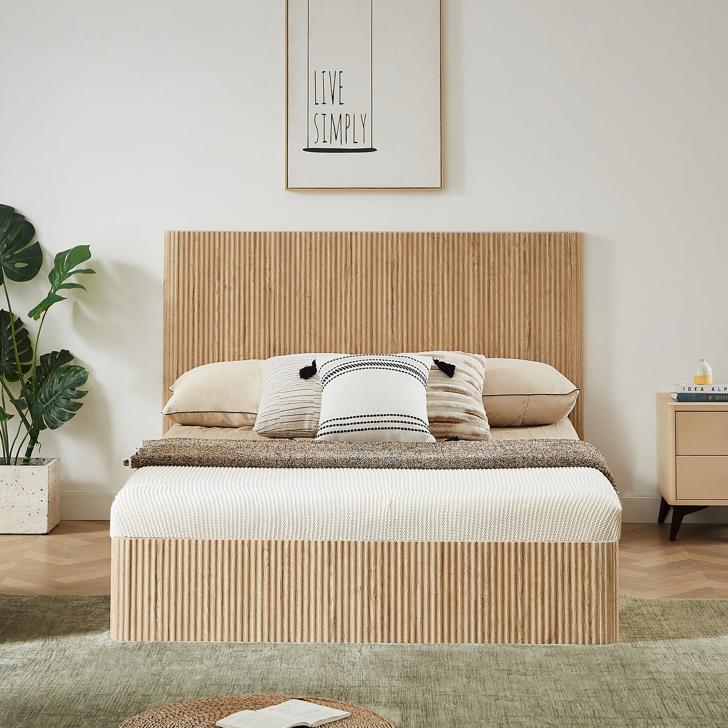 Queen Size Lift Up Storage Bed Frame, Wooden corrugated curved lines, Hydraulic Storage/No Box Spring Needed, Oak. image 2
