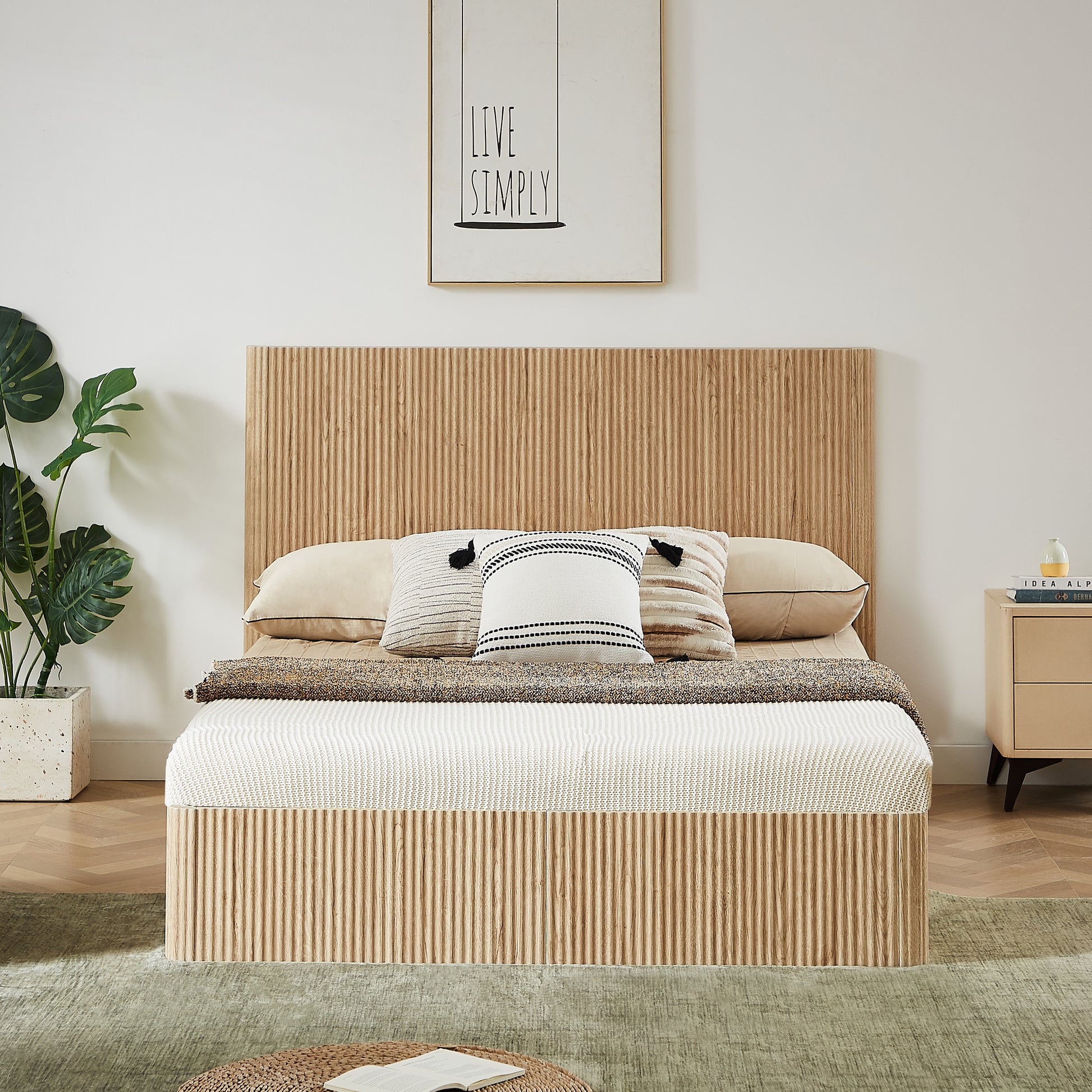 Queen Size Lift Up Storage Bed Frame, Wooden corrugated curved lines, Hydraulic Storage/No Box Spring Needed, Oak. image 2
