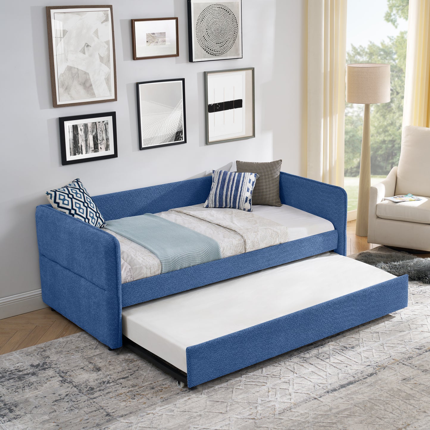 Daybed with Twin Size Pop-up Trundle Upholstered Tufted Sofa Bed, Twin Size, Boucle Fabric (83"x43"x29.5") image 11