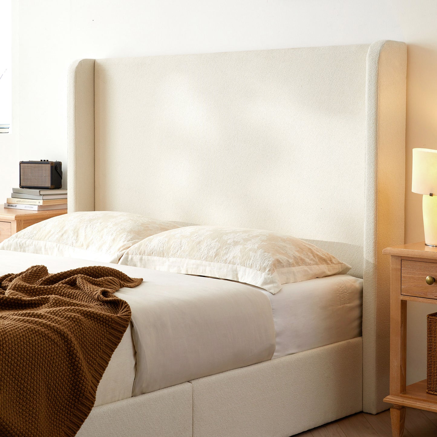 Carmen Upholstered Wingback Bed / Upholstered Platform Bed Frame / 52.3" High Headboard / Simplicity / Minimalist / No Box Spring Needed / Easy Assembly / King/ Ivory Boucle / No Noise image 4