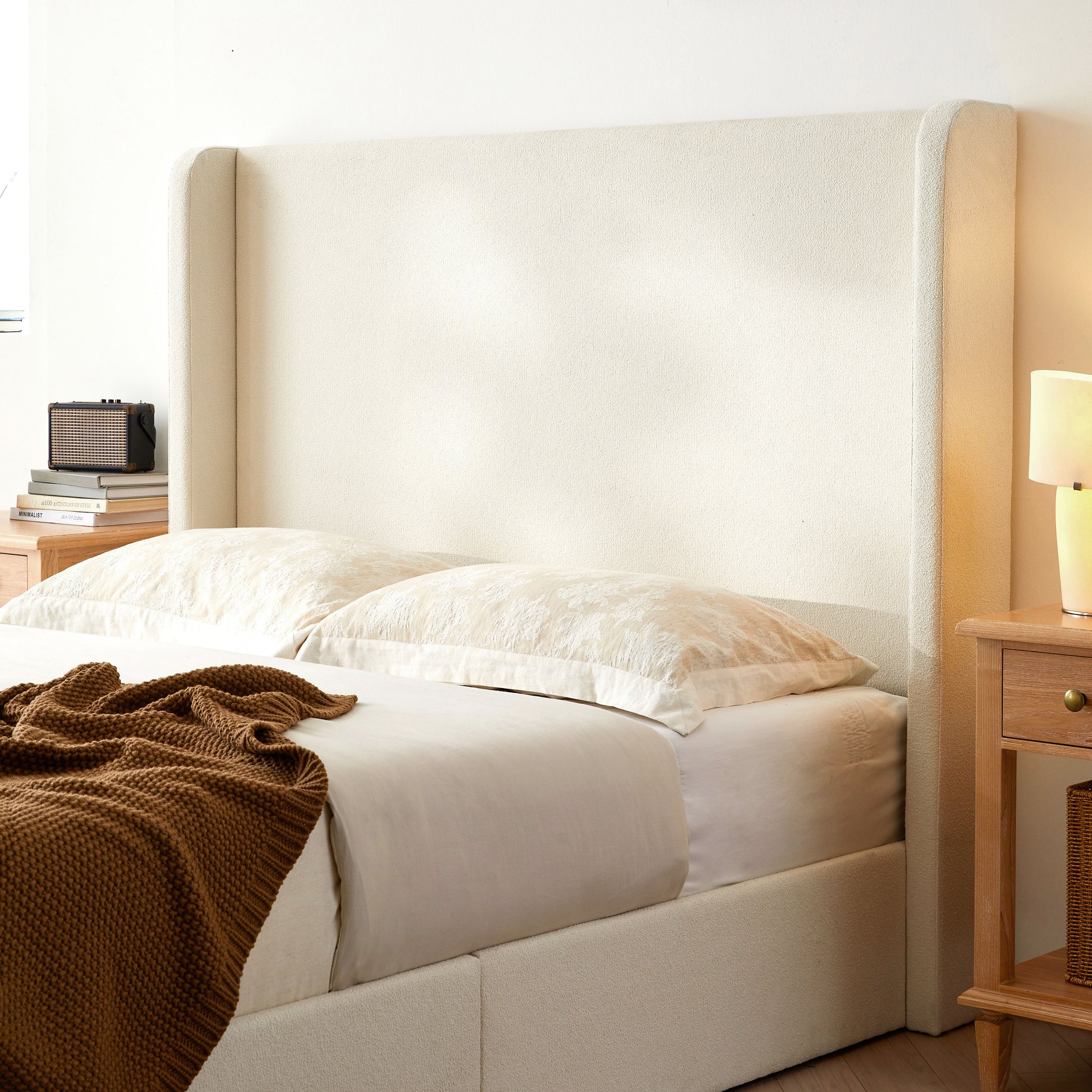 Carmen Upholstered Wingback Bed / Upholstered Platform Bed Frame / 52.3" High Headboard / Simplicity / Minimalist / No Box Spring Needed / Easy Assembly / King/ Ivory Boucle / No Noise image 4