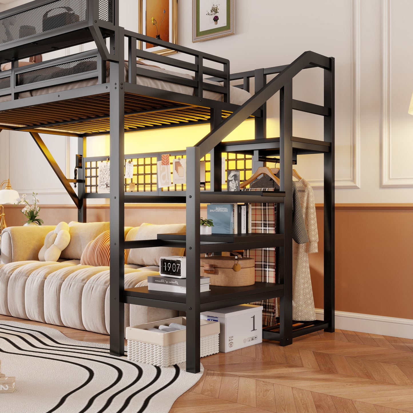 Full Size Loft Bed with Charging Station, Metal Full Loft Bed with Light and Storage, High Loft Bed with Wardrobe and Storage for Kids Teens Adults, Black(Old SKU W2580S00051) image 6