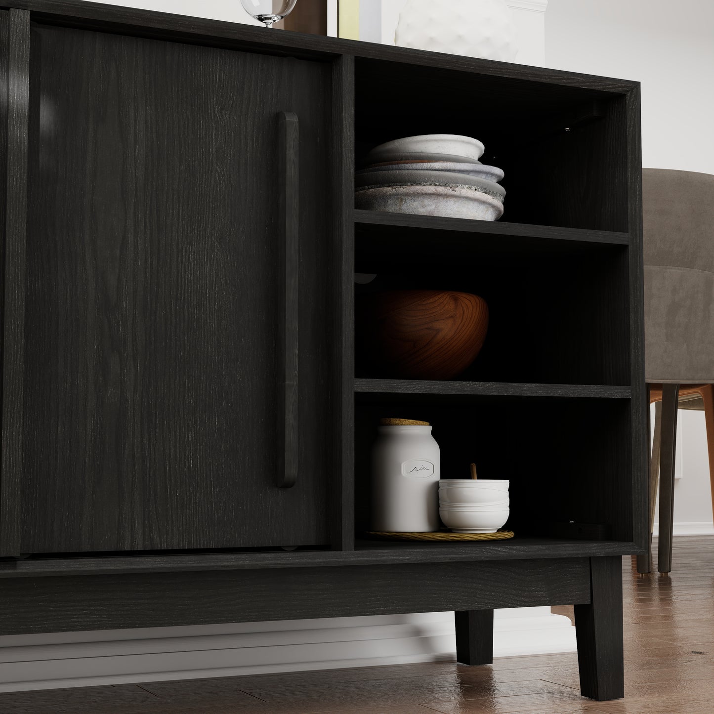 47.3" Sideboard Buffet Cabinet with Storage, Farmhouse Fluted Sideboard with 2 Doors & Solid Wood Feet, TV Media Console, Storage Cabinet for Kitchen Dining Living Room Entryway Hallway, Black image 6