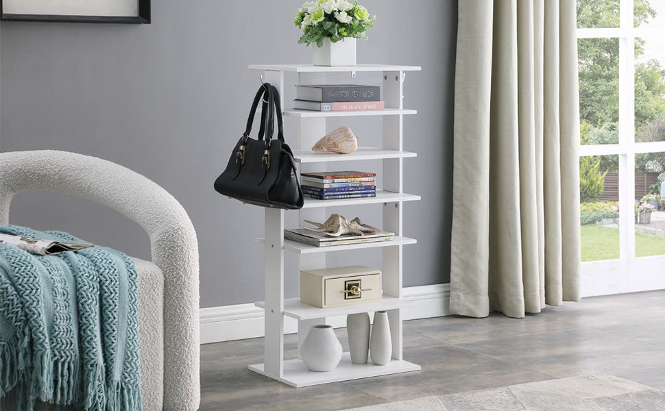 Vertical Shoe Rack,7 Tier Shoe Storage Organizer with Hooks, Entryway Shoe Tower,Vertical Shoe Organizer,Vertical Shoe Organizer,White image 5