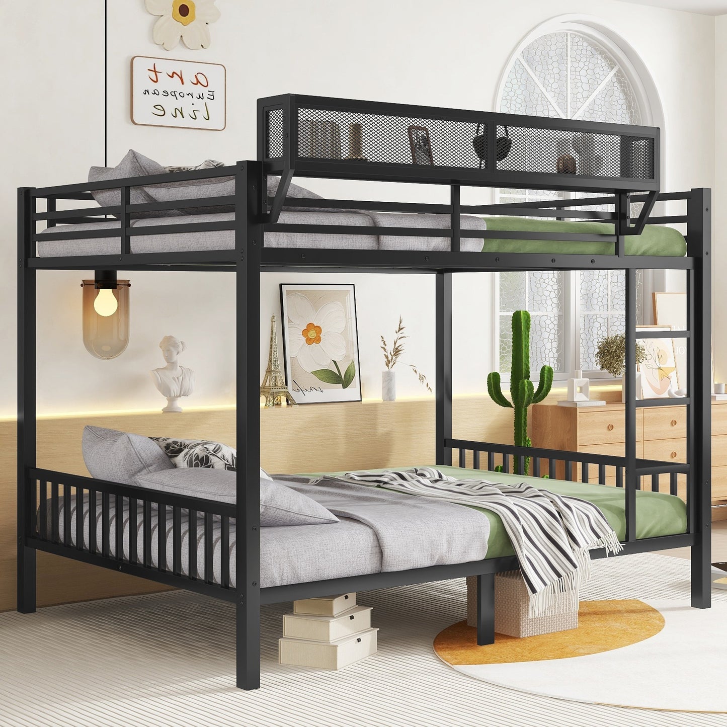 Queen Over Queen Metal Bunk Bed with Ladder and Storage Shelf for Adults Teens,Black(Expect Arrival Date 2025/9/12) image 2