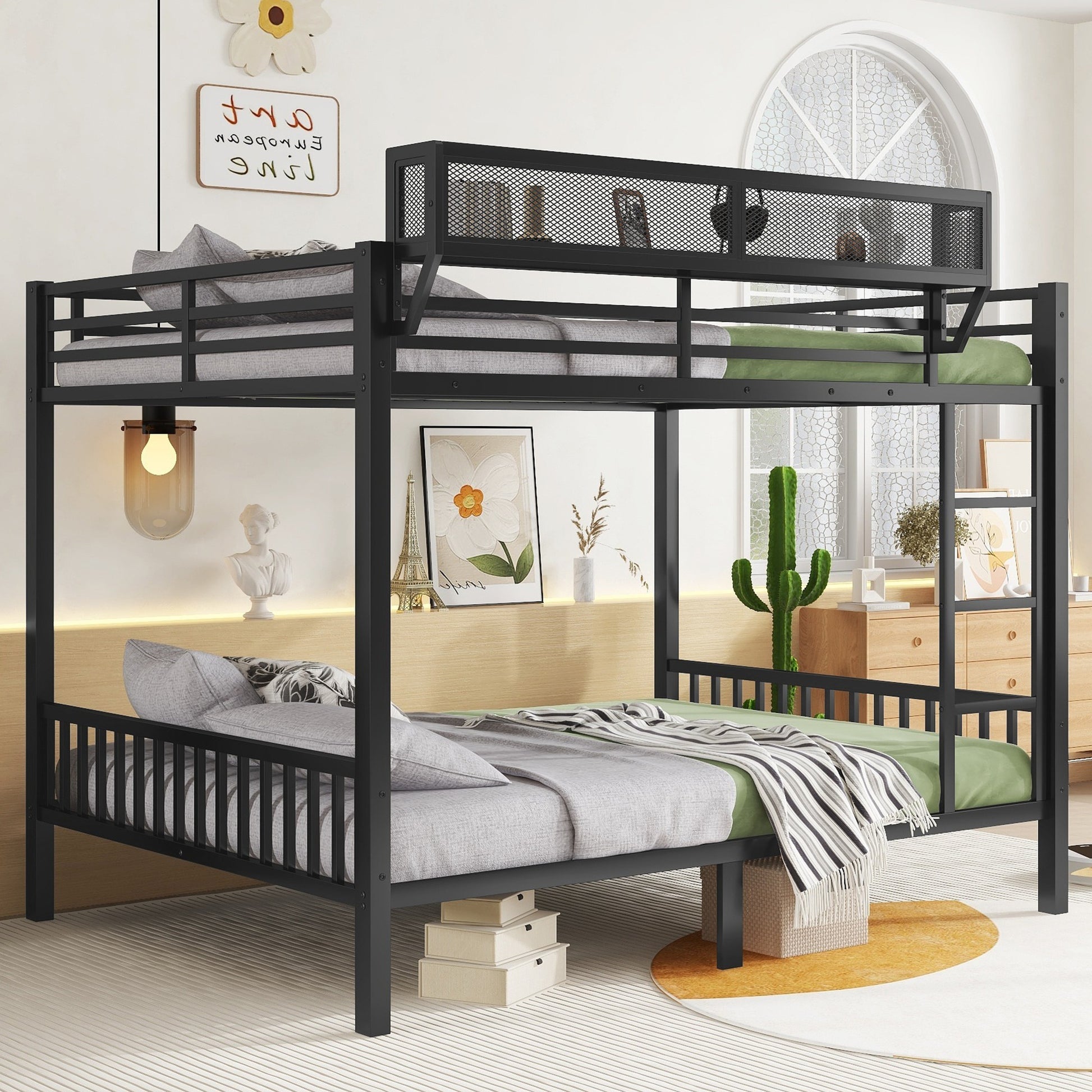 Queen Over Queen Metal Bunk Bed with Ladder and Storage Shelf for Adults Teens,Black(Expect Arrival Date 2025/9/12) image 2