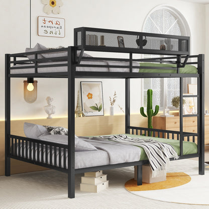 Queen Over Queen Metal Bunk Bed with Ladder and Storage Shelf for Adults Teens,Black(Expect Arrival Date 2025/9/12) image 2