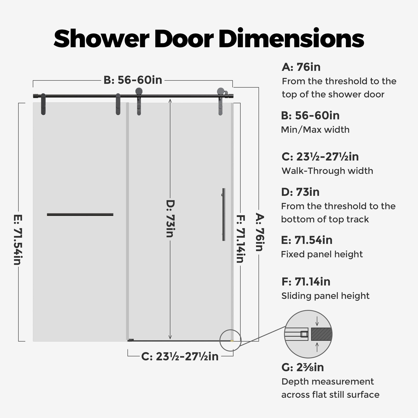 56-60" W * 76" H Frameless Single Sliding Shower Doors Without Soft-Close, Bathroom Sliding Shower Door With Towel Rail And Auxiliary Handle, 5/16" (8mm) Thick SGCC Tempered Glass Door, Matte Black image 10