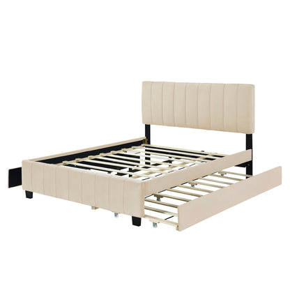 Queen Size Velvet Upholstered Platform Bed with 2 Drawers and 1 Twin XL Trundle- Beige image 7