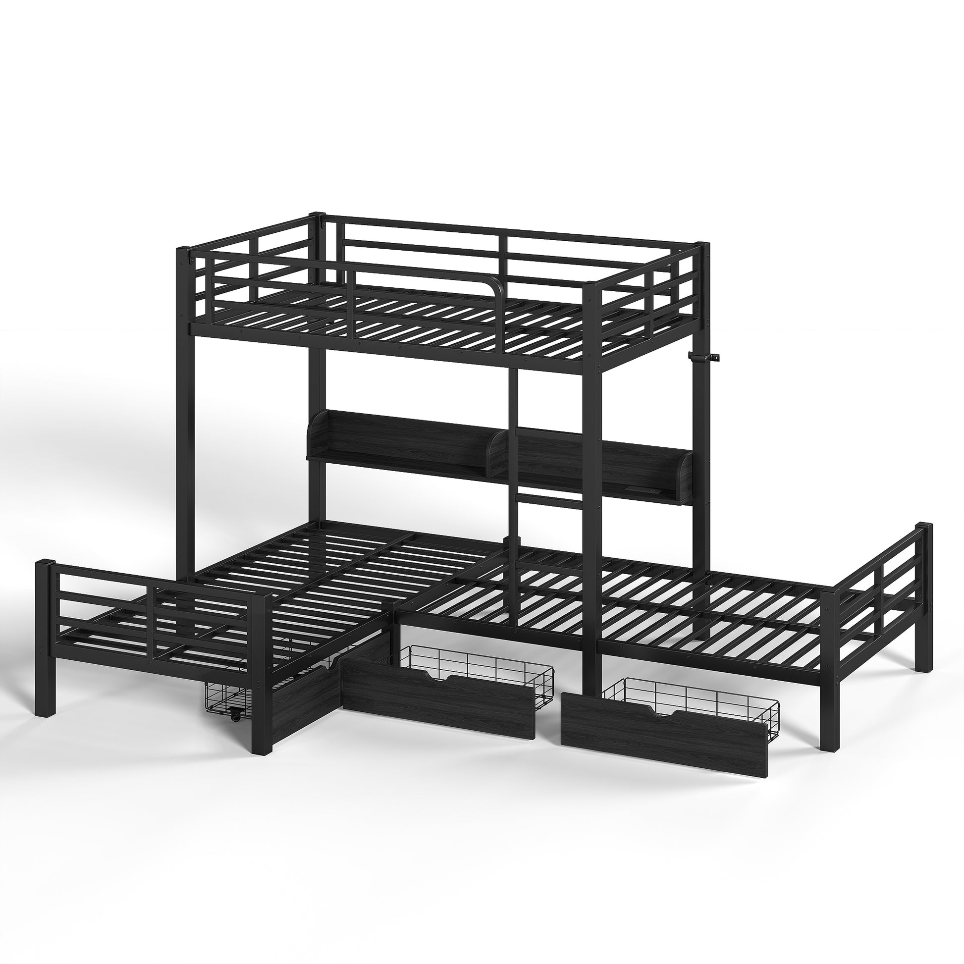 Triple Loft Bed with Storage Shelves and Drawers, Twin over Twin & Twin Loft Bed with Led Lights And Usb Ports, Space-Saving L－Shaped Loft Bed For 3, Black image 8