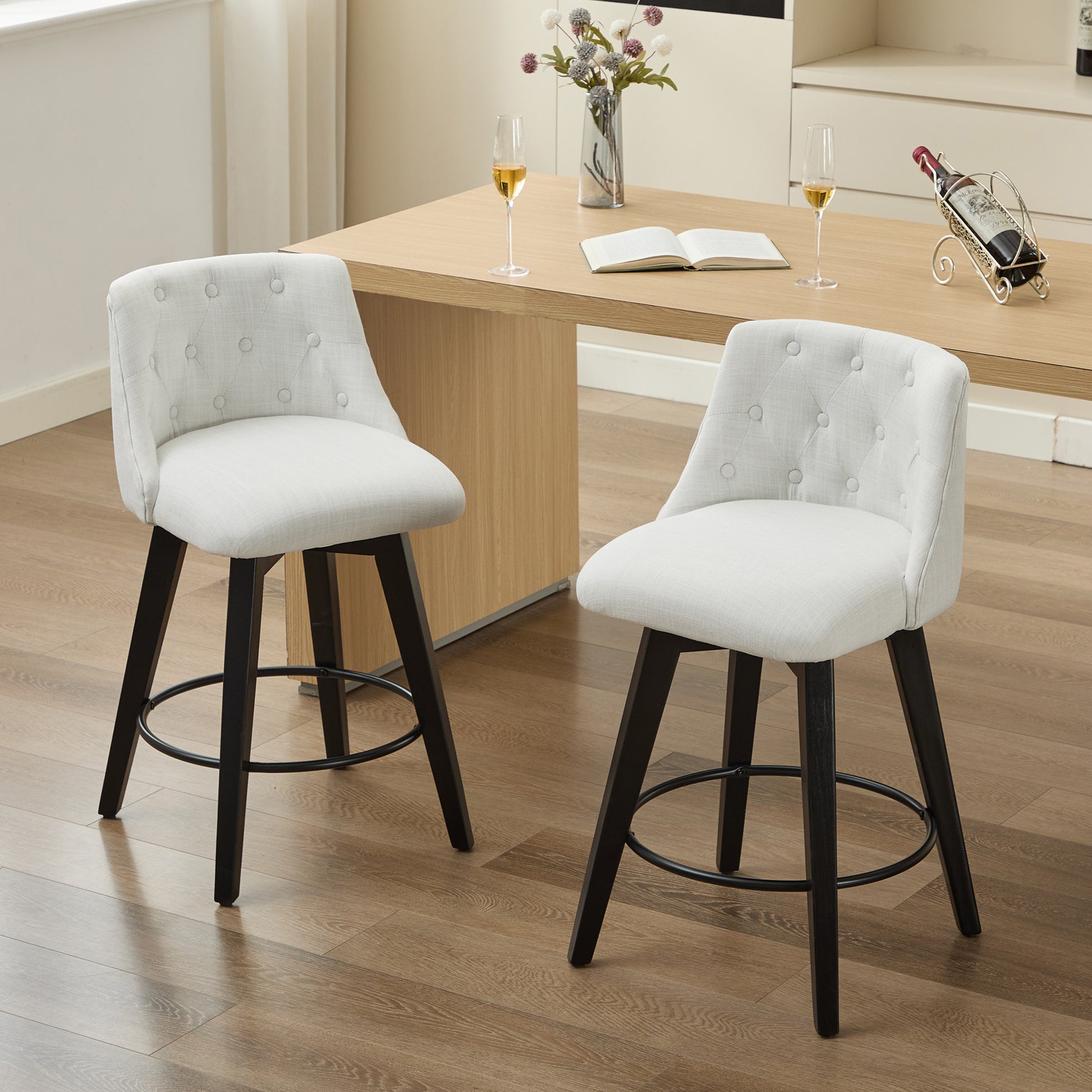 007-360° Swivel Bar Stools Set of 2-Modern 25" Counter Height Stools with Stain-Resistant Line&Button Tufted Back, Solid Wood Frame Barstools for Kitchen Island, Cafe or Home Bar, Easy Assembly White image 1