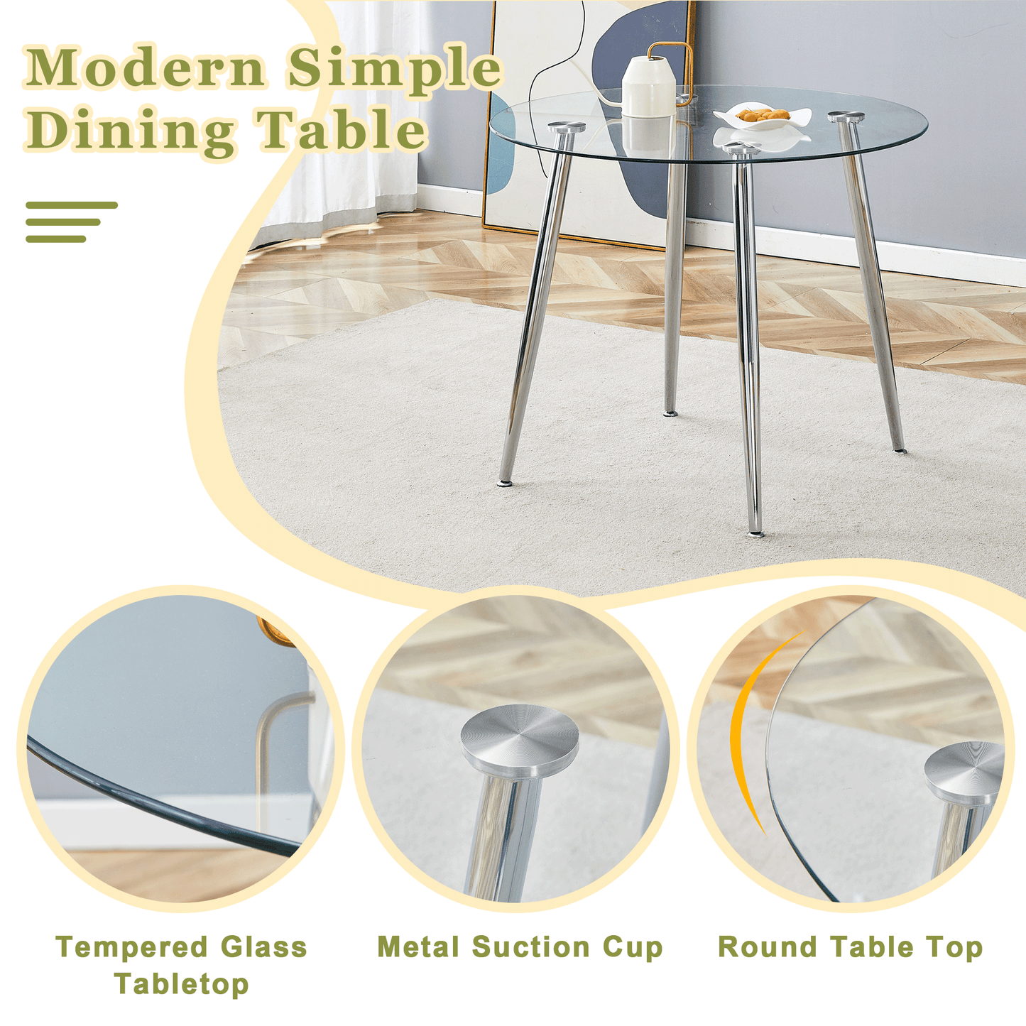 Round dining table with glass top, silver metal legs, exquisite life, starting from the details, the silver legs show an extraordinary texture, which is the finishing touch to your home image 6