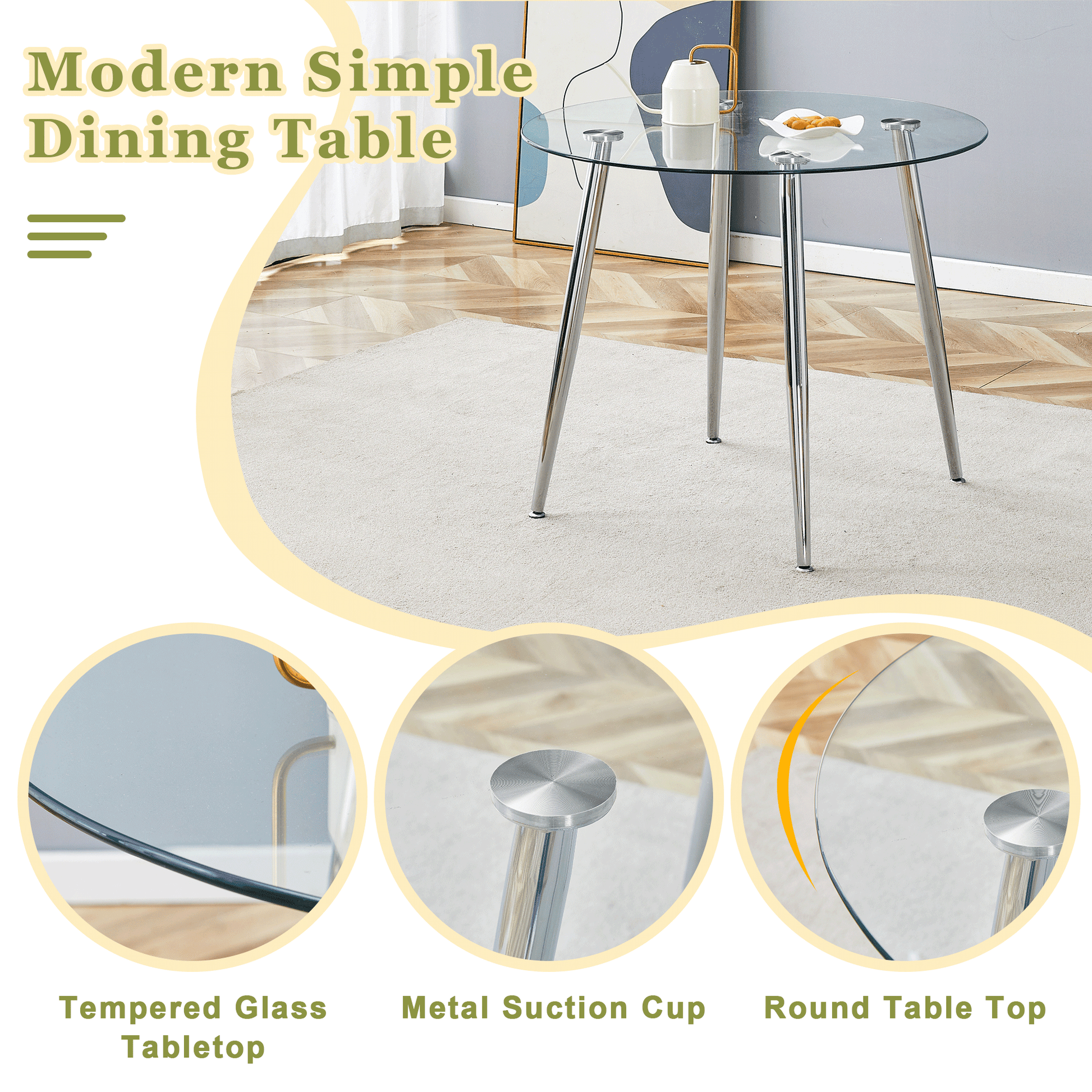 Round dining table with glass top, silver metal legs, exquisite life, starting from the details, the silver legs show an extraordinary texture, which is the finishing touch to your home image 6