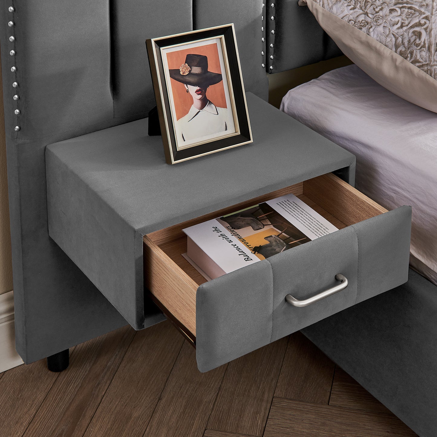 Queen Size Upholstered Bed Frame with Velvet Fabric, Vertical Stripe Design with Buttons Around Platform Bed with Headboard, Solid Frame & Bedside Table - No Box Spring Needed-Gray image 11