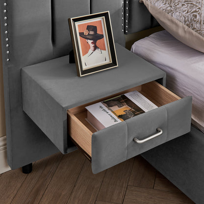 King Size Upholstered Bed Frame with Velvet Fabric, Vertical Stripe Design with Buttons Around King Size Platform Bed with Headboard, Solid Frame & Bedside Table - No Box Spring Needed-Gray image 10