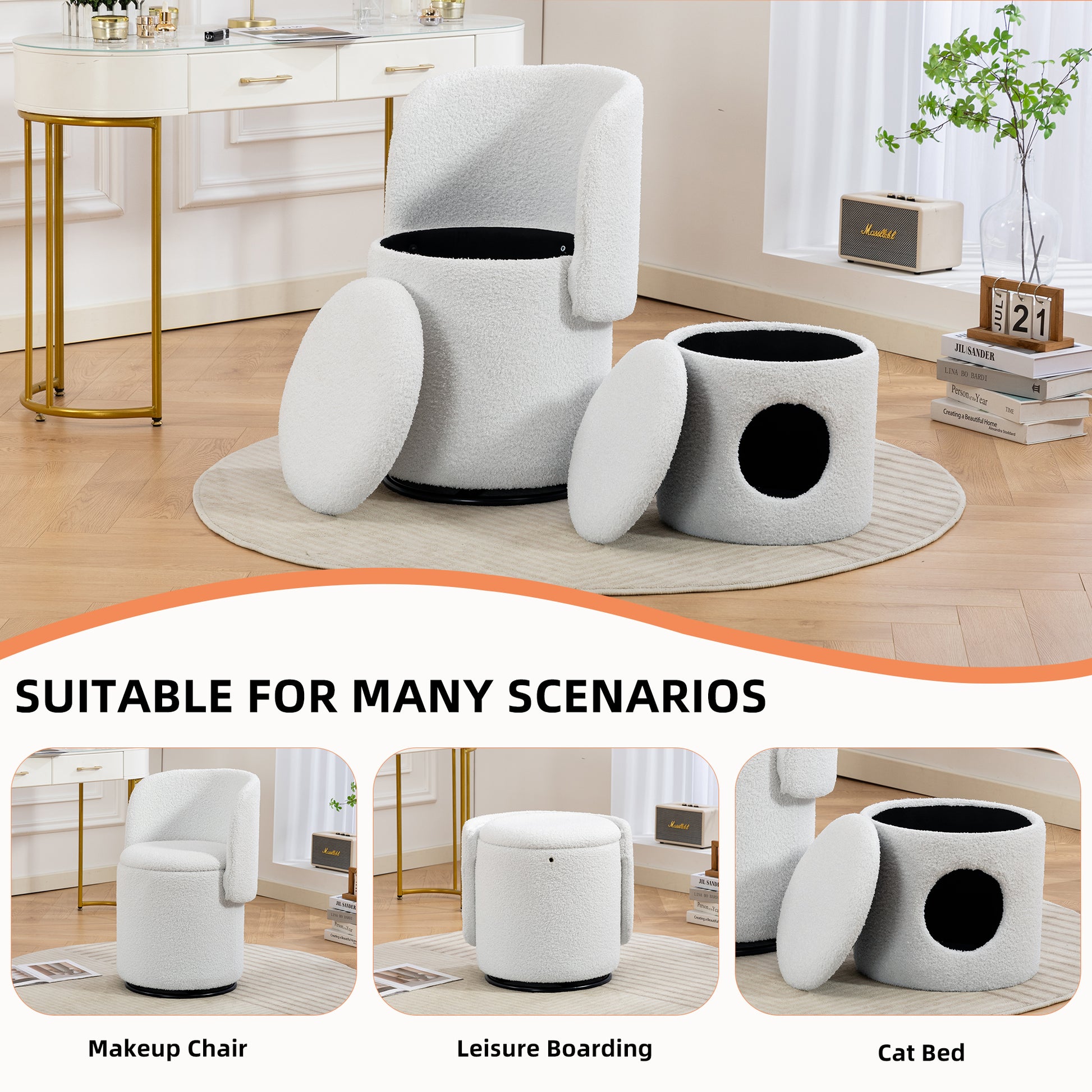 Stylish Upholstered Barrel Chair: 360° Swivel Vanity Stool for Bedroom & Dining Chair, Built-in Storage, Soft Padded Accent Seat, Multi-Functional for Dressing/Dining, Free Cat Bed Stool Included, image 8