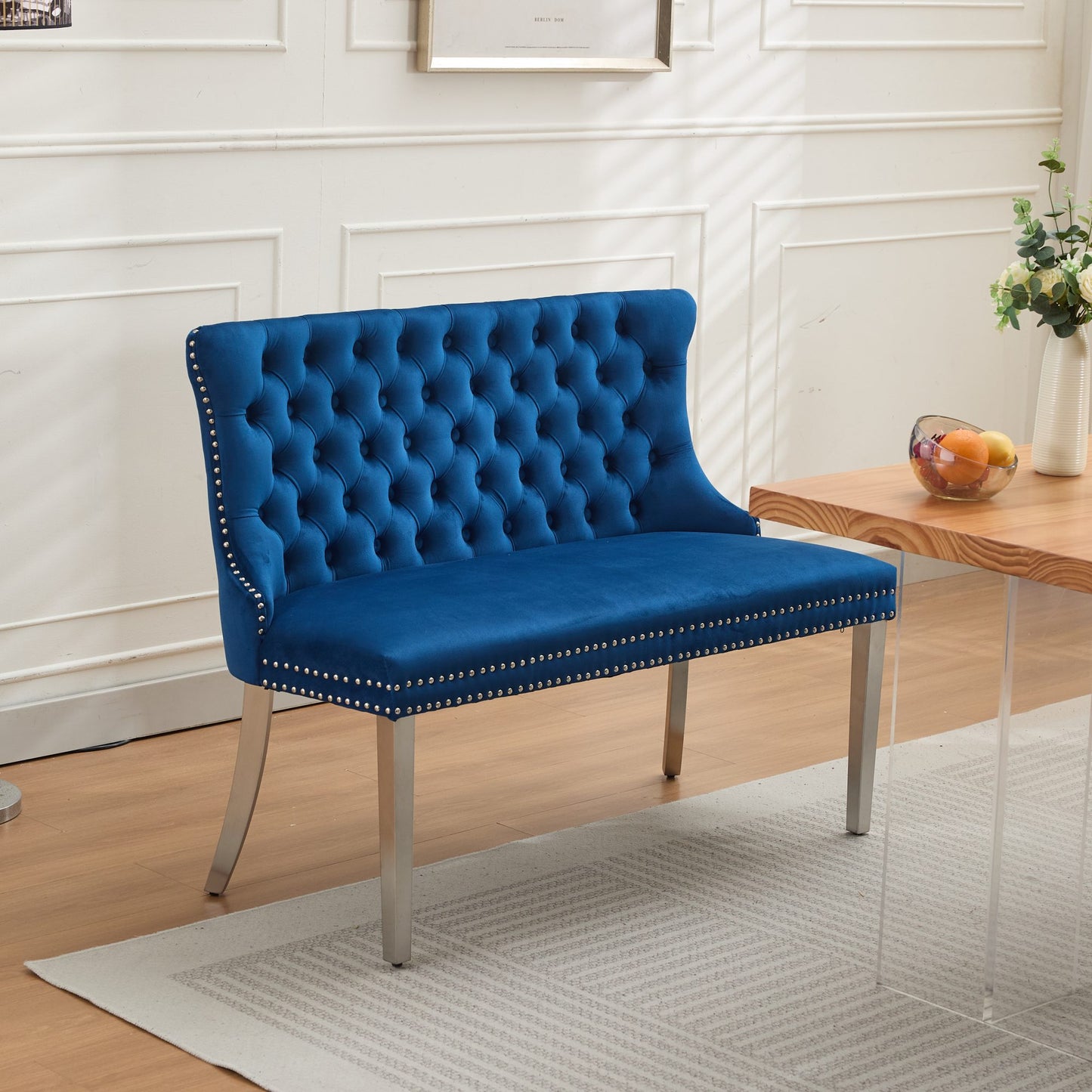 Velvet Double Dining Loveseat Bench, Kitchen & Dining Seating, 2-Seat Tufted Bench w/Handmade Buttons, Wing Back, Brushed Silver Stainless Steel Legs, Mid Century Modern,Single Pack,Blue,SW1702BL image 1