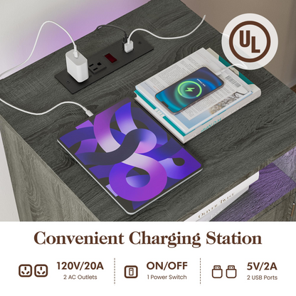 LED Nightstand Set of 2 with Charging Station, Bedside Table with Storage Cabinet and Shelf, Rustic End Table, Farmhouse Wooden Side Table, for Bedroom, Living Room, Dark Gray image 5