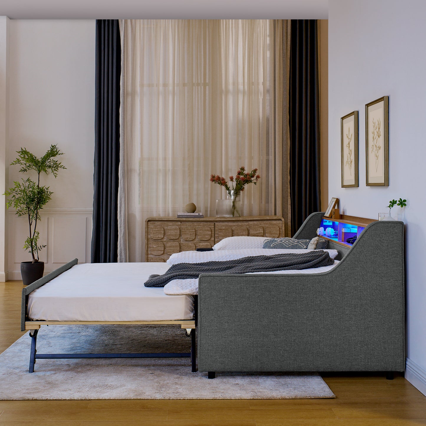 Twin Size Upholstery Sofa Bed with Three LED lights, with Storage Adjustable Headboard, with Foldable Leg Pull up Trundle Bed and Wireless Charging, Linen Padded Sofa Bed frame, Grey image 7