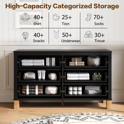 6-Drawer Double Dresser, Modern Storage Cabinet with Metal Handles & Solid Wood Legs, Dresser Drawer Organizer for Kids Bedroom, Heavy-Duty Wooden Dresser with Pre-Installed,Black image 3