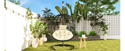 U_Style Single Person Folding Egg Chair with Stand, Hanging Egg Chair Indoor Outdoor, Wicker Hammock Swing Chair with Adjustable Anti-Slip Feet,Suitable for Balcony, Bedroom,Garden image 4