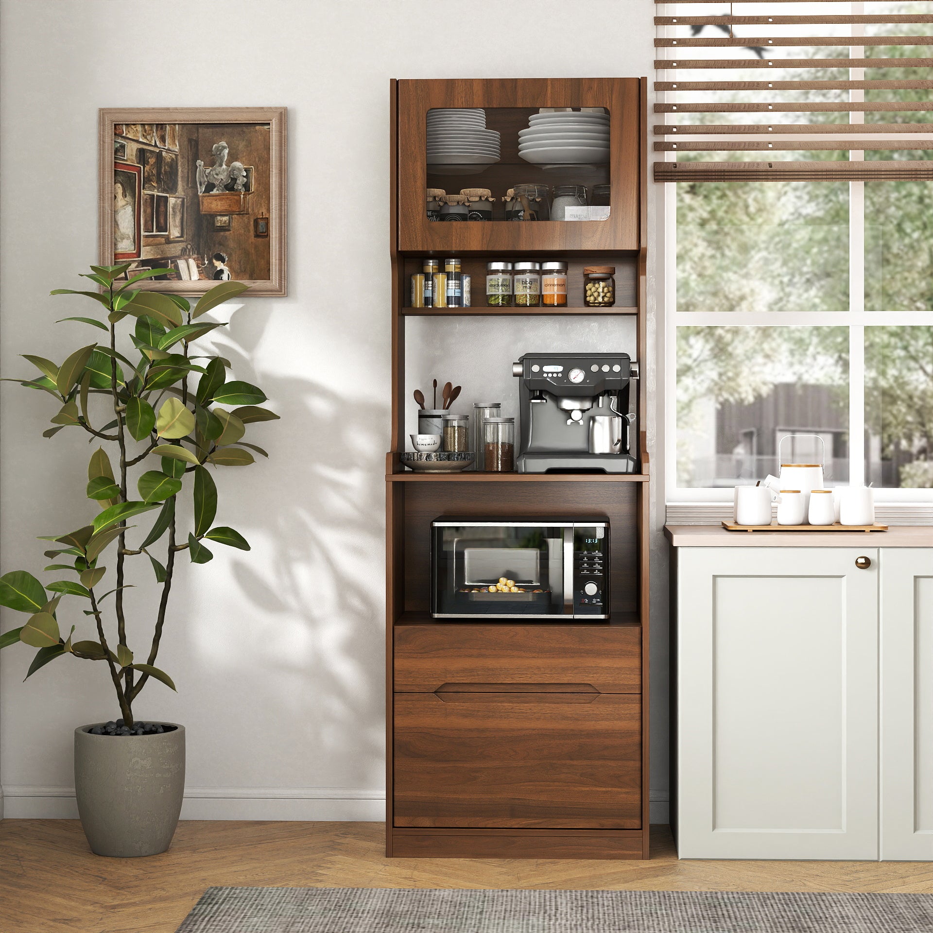 Kitchen Pantry Hutch Storage Cabinet, Farmhouse Kitchen Hutch Buffet Cabinet with Microwave Stand, Freestanding Buffet Sideboard Coffee Bar Cabinet image 2