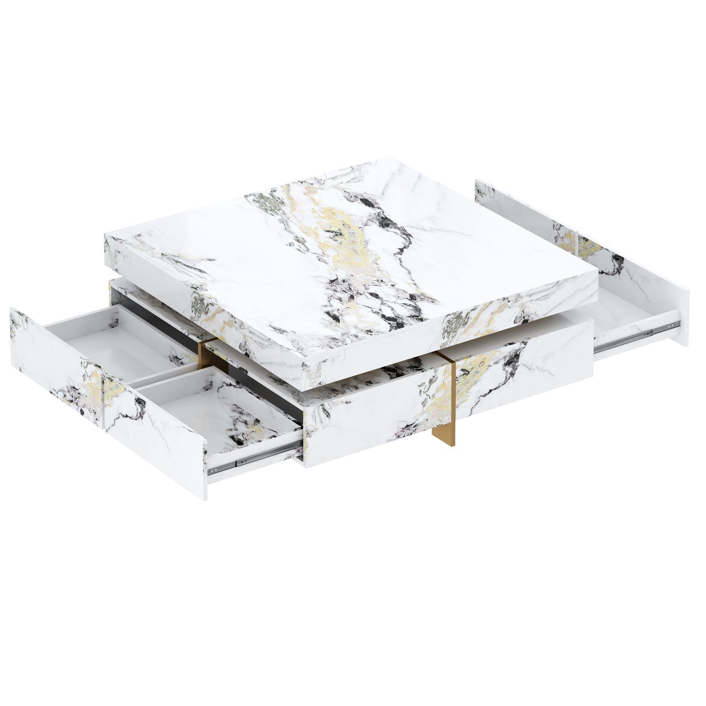 Modern Square Marble Textured Coffee table with 4 Drawers and Suspended Base, White, 43.3" image 8