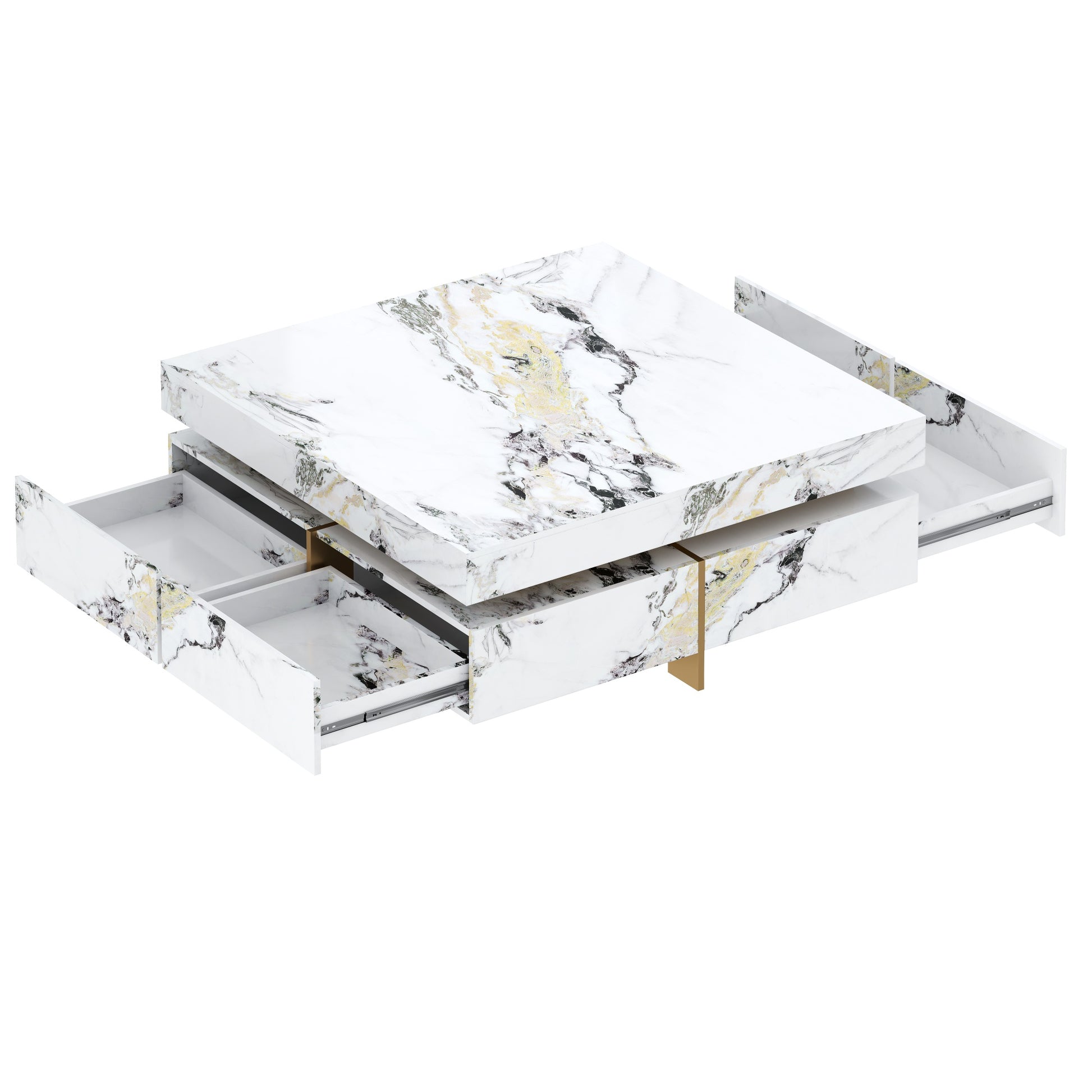Modern Square Marble Textured Coffee table with 4 Drawers and Suspended Base, White, 43.3" image 8