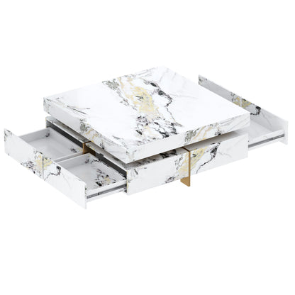 Modern Square Marble Textured Coffee table with 4 Drawers and Suspended Base, White, 43.3" image 8