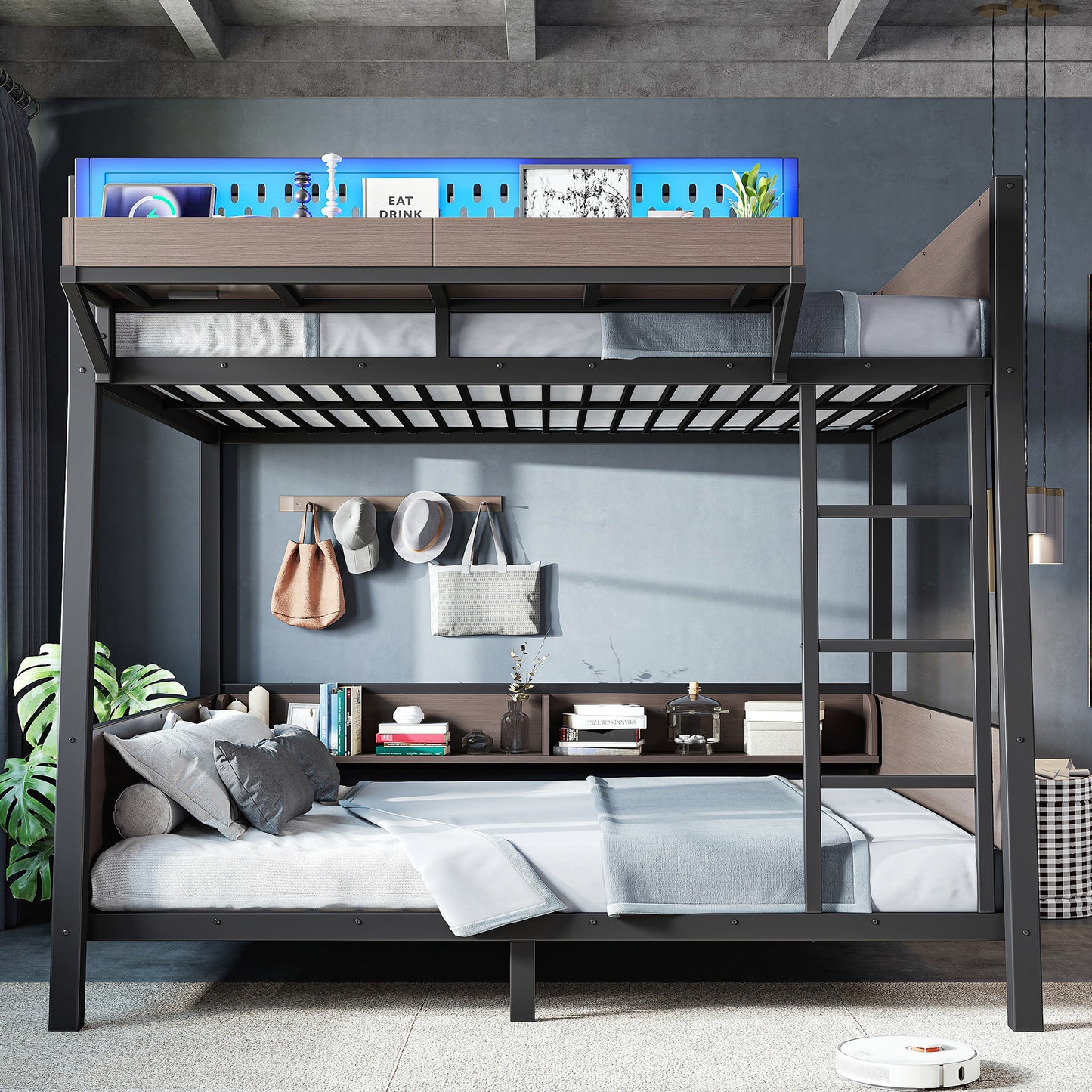 Full Bunk Bed with Storage Shelves,Twin Size Metal Bunk Bed Frame with LED Light and USB Ports For Kids,Teens.Black image 4
