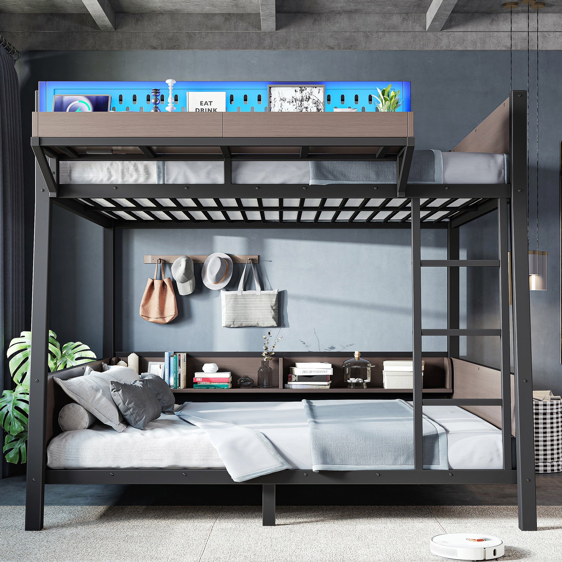 Full Bunk Bed with Storage Shelves,Twin Size Metal Bunk Bed Frame with LED Light and USB Ports For Kids,Teens.Black image 4