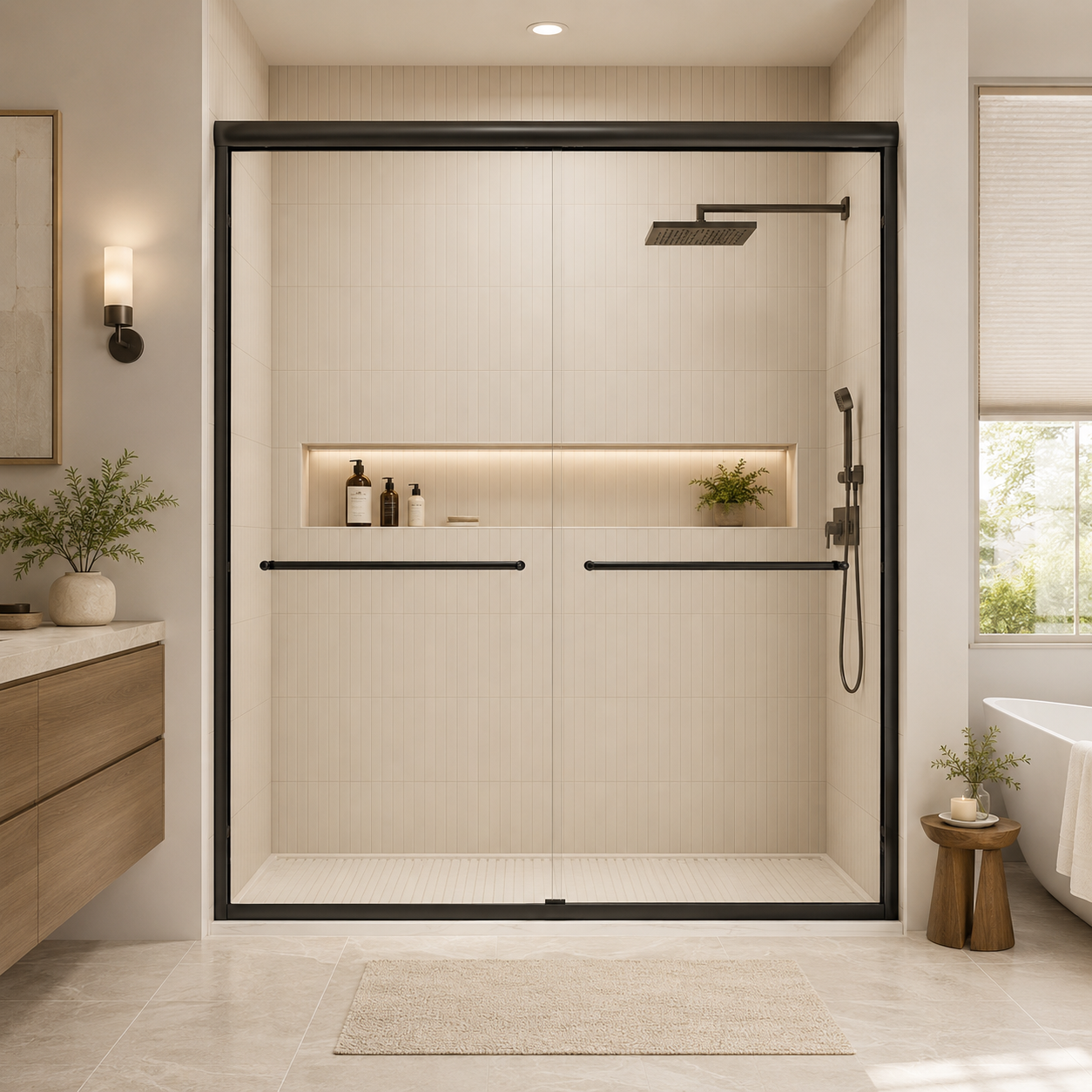 56-60" W x 72" H Framed Double Sliding Shower Door, 1/4" (6mm) Clear Tempered Glass with Safety Film and Nano Coating, Waterproof Seals, Matte Black image 1
