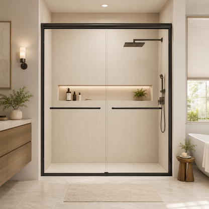 56-60" W x 72" H Framed Double Sliding Shower Door, 1/4" (6mm) Clear Tempered Glass with Safety Film and Nano Coating, Waterproof Seals, Matte Black image 1