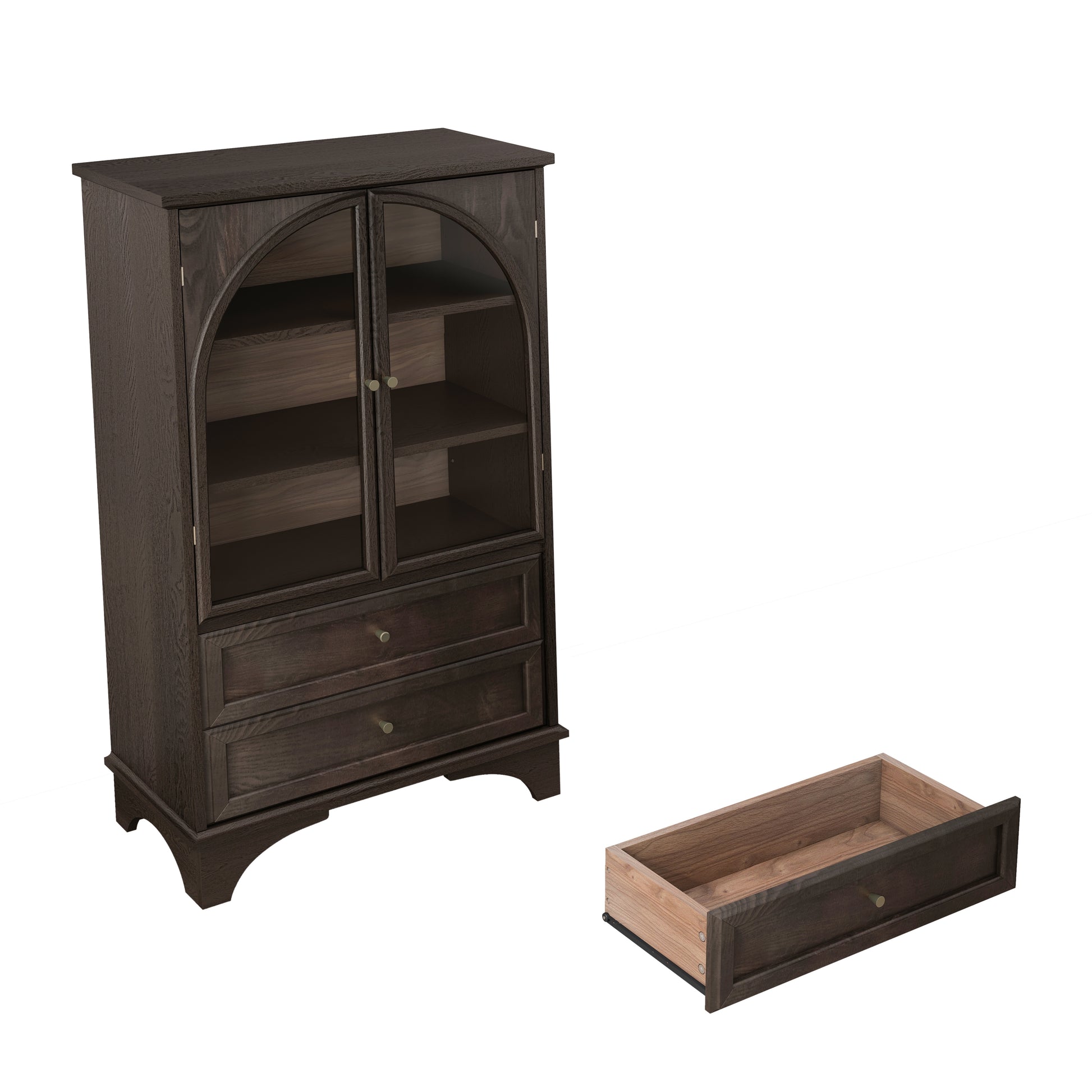 52.17"H Glass Door Display Case Storage Cabinet with 2 Drawers and Adjustable Shelf, Spacious Storage Solutions, Curio Cabinet for Living Room, Bedroom, Kitchen and Office, Brown image 9