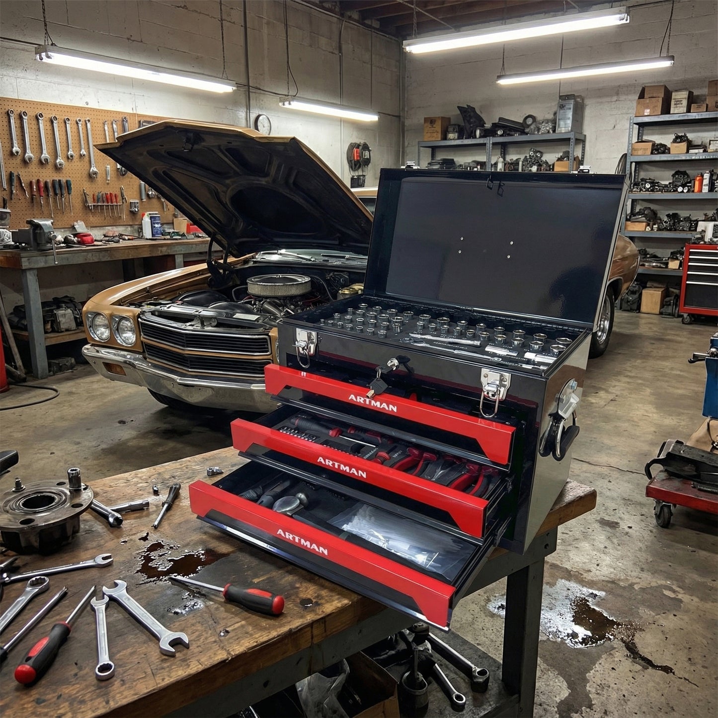 20'' Portable 3-Drawer Steel Toolbox, 4 Layers of Tools with Metal Latches, with Top Storage Tray and carrying Handle, Multi-Function Tool Storage for Garage, Home, or Workbench,Black&Red image 10