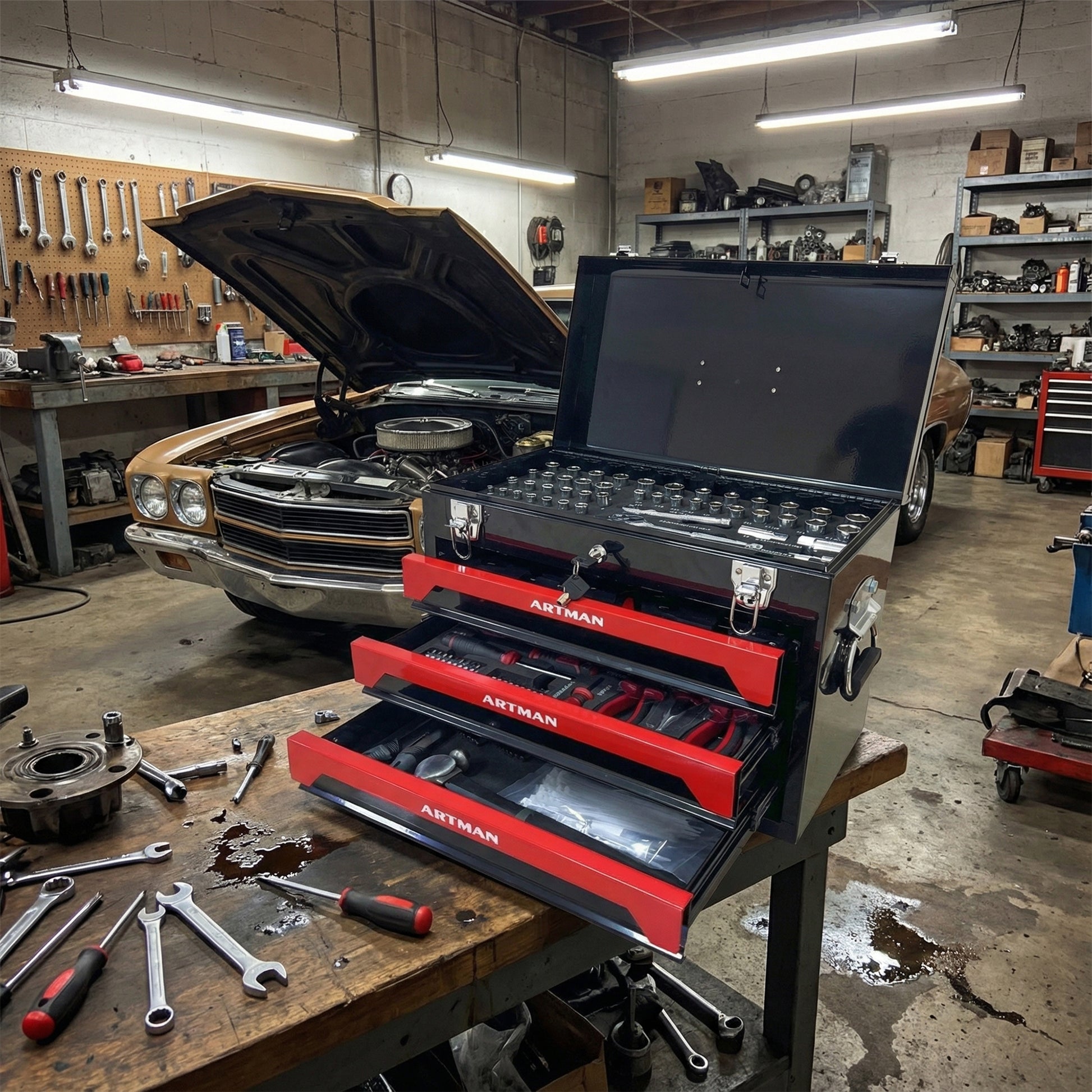 20'' Portable 3-Drawer Steel Toolbox, 4 Layers of Tools with Metal Latches, with Top Storage Tray and carrying Handle, Multi-Function Tool Storage for Garage, Home, or Workbench,Black&Red image 10