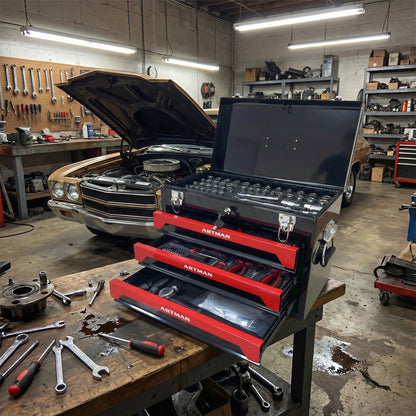 20'' Portable 3-Drawer Steel Toolbox, 4 Layers of Tools with Metal Latches, with Top Storage Tray and carrying Handle, Multi-Function Tool Storage for Garage, Home, or Workbench,Black&Red image 10