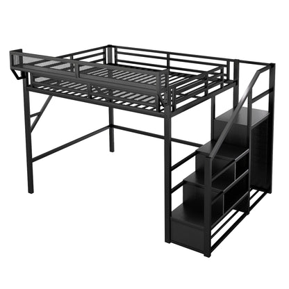 Full Size Loft Bed with Stairs, Metal Full Loft Bed with Storage Shelves, High Loft Bed with Wardrobe for Kids Teens, Black(Old skuW2580S00037) image 11