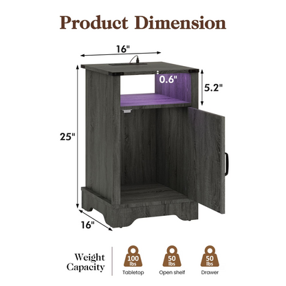 LED Nightstand Set of 2 with Charging Station, Bedside Table with Storage Cabinet and Shelf, Rustic End Table, Farmhouse Wooden Side Table, for Bedroom, Living Room, Dark Gray image 2