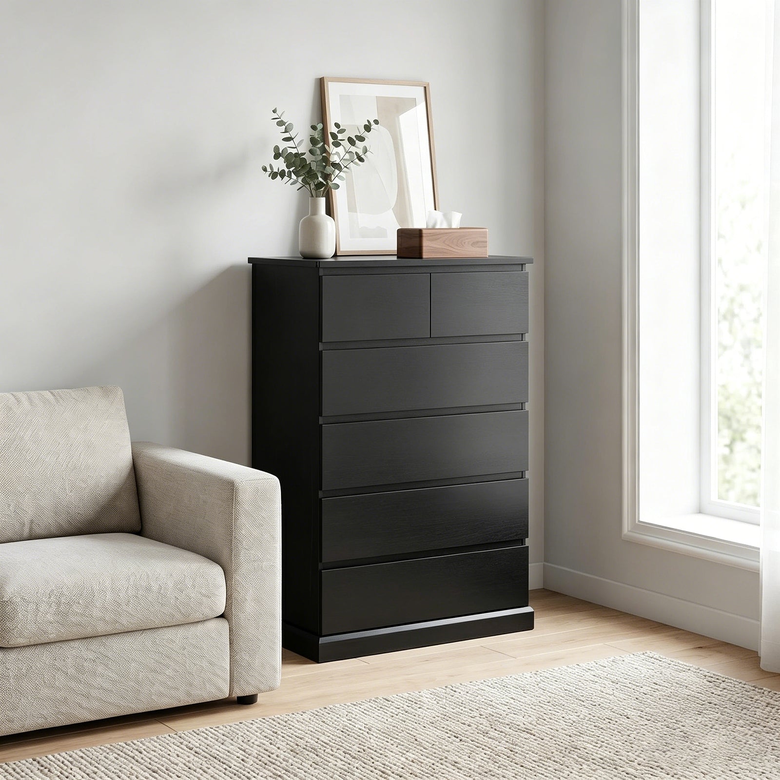 6 Drawers Dresser for Bedroom, Tall Dresser for Bedroom, Modern Chest of Drawers with Concealed Handles, Vertical Wood Storage Cabinet for Bedroom, Living Room, Entryway, Black image 1