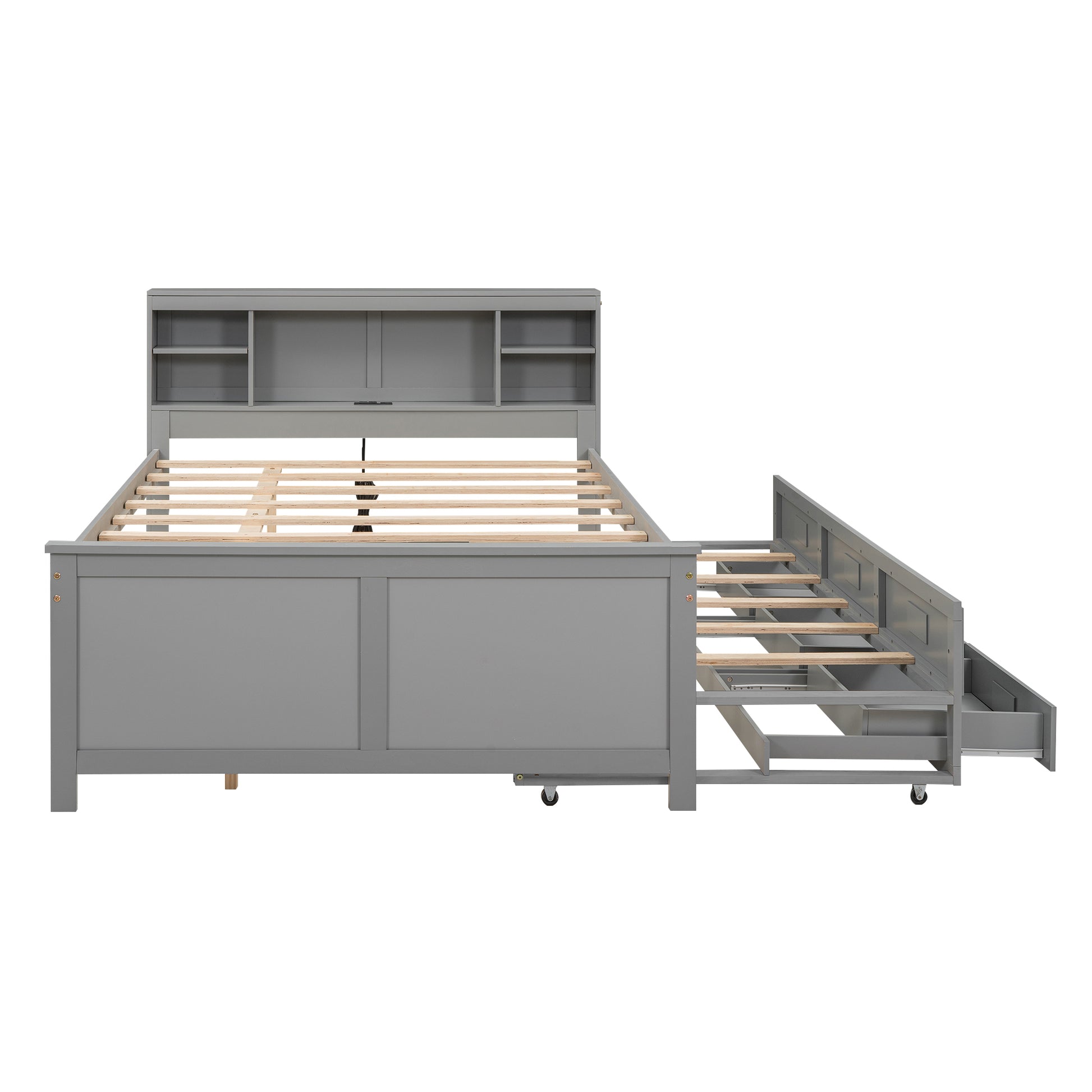 Full Size Platform Bed with Storage Headboard, USB, Twin Size Trundle and 3 Drawers, Gray image 10