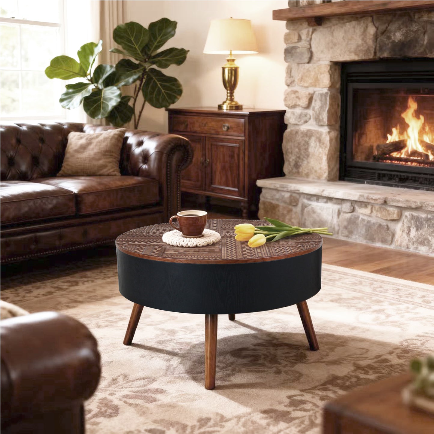 31.5" Round Carved Coffee Table with Storage Space, Mid-Century Modern Wooden Tea Table for Living Room, Apartment, Office,Brown+ Black. image 9